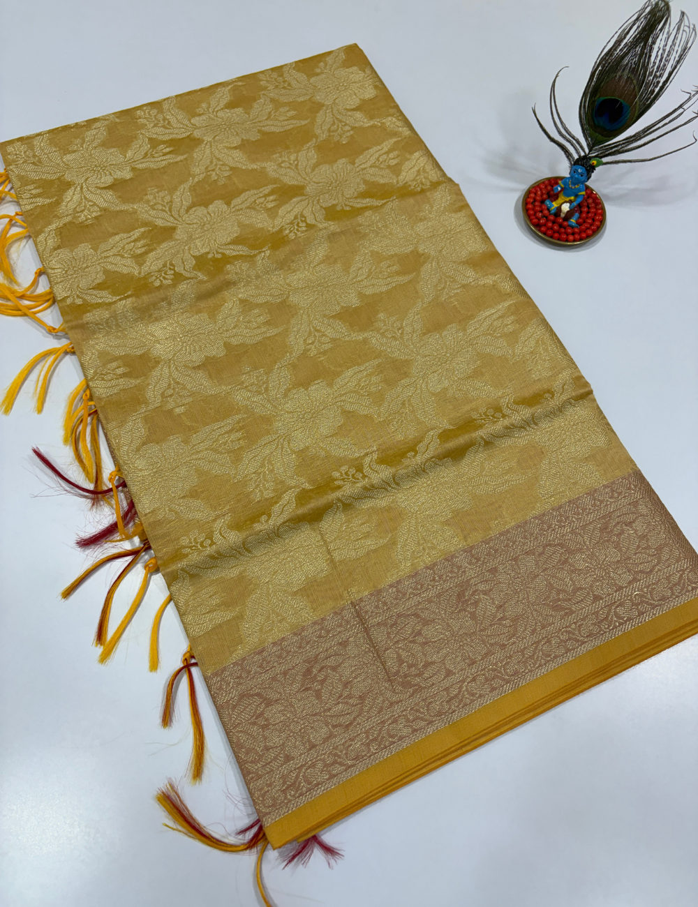 Sandal Beige Handloom Silk Cotton 3 Pc Salwar Set with Self Weave Floral Jacquard | Elegant Monotone Ethnic Dress Material