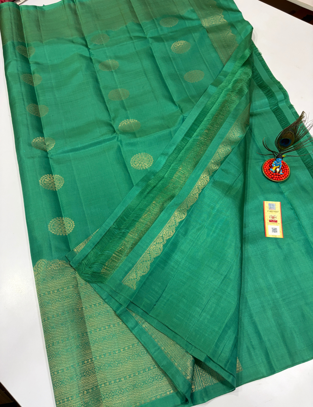 Handloom Pure Soft Silk Saree in Emerald Green with Self Colour Turning Border | Double Warp | Fancy Zari Buttas | Silk Mark Certified
