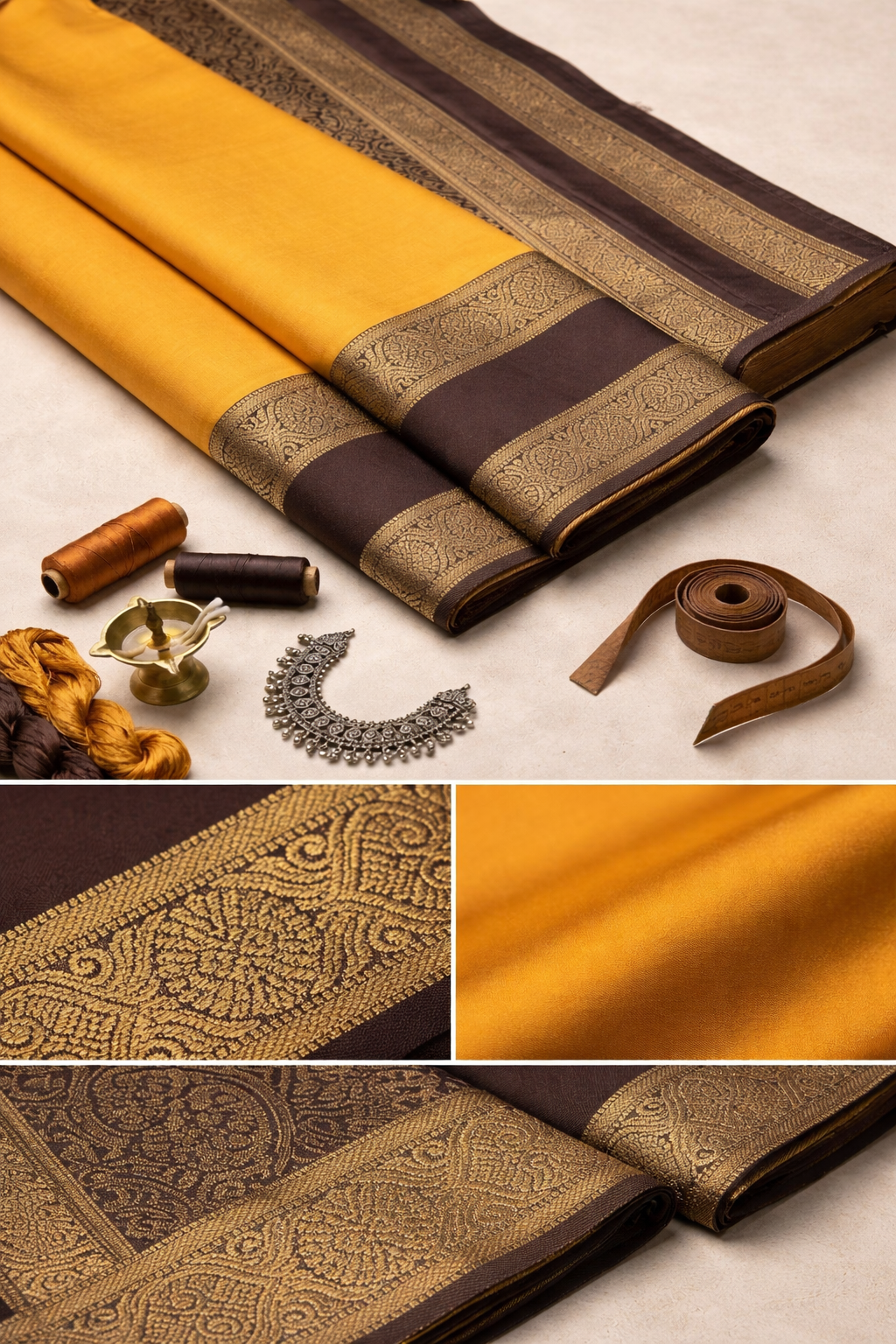 Semi Soft Silk Rettapet Border Saree – Trending Golden Mustard & Brown Elegance