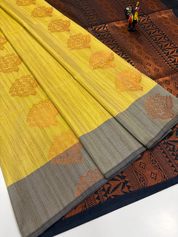 Mustard Yellow with Grey-Taupe Border and Antique-Gold Zari – Handloom Semi Raw Softsilk Saree