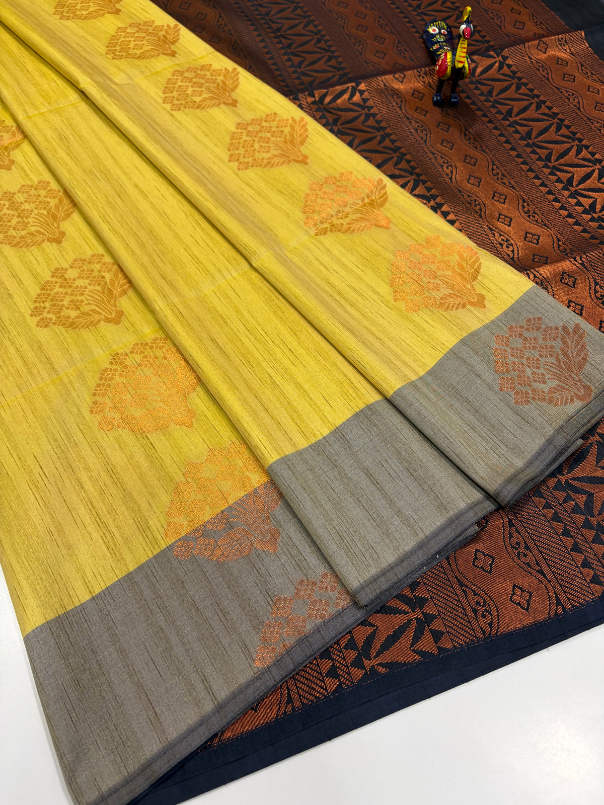 Mustard Yellow with Grey-Taupe Border and Antique-Gold Zari – Handloom Semi Raw Softsilk Saree