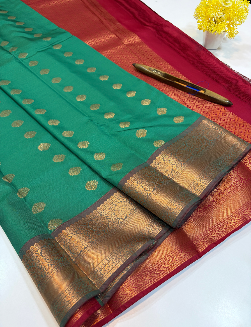 Kanchi Border Semi Soft Silk Saree – Green with Maroon
