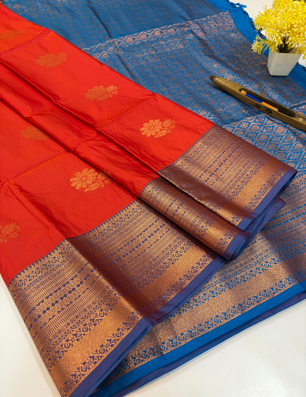 Handloom Bright Orange Semi Soft Silk Saree with Kanchi Border | Anantha Blue Pallu & Blouse