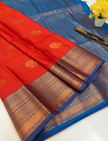 Handloom Bright Orange Semi Soft Silk Saree with Kanchi Border | Anantha Blue Pallu & Blouse