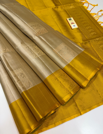 Handloom Pure Soft Silk Saree with Vaira Oosi Weaves and Peacock Motif – Sandal & Mustard Yellow