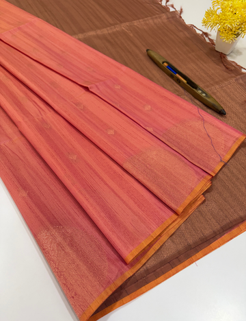 Aurelia Soft Silk Saree – Coral Rose with Cocoa Brown