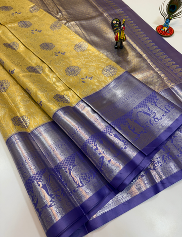 Lemon Green with Blue Korvai Contrast Tissue Semi Bridal Silk Saree | Full Brocade Weaving | Aadithya Handlooms