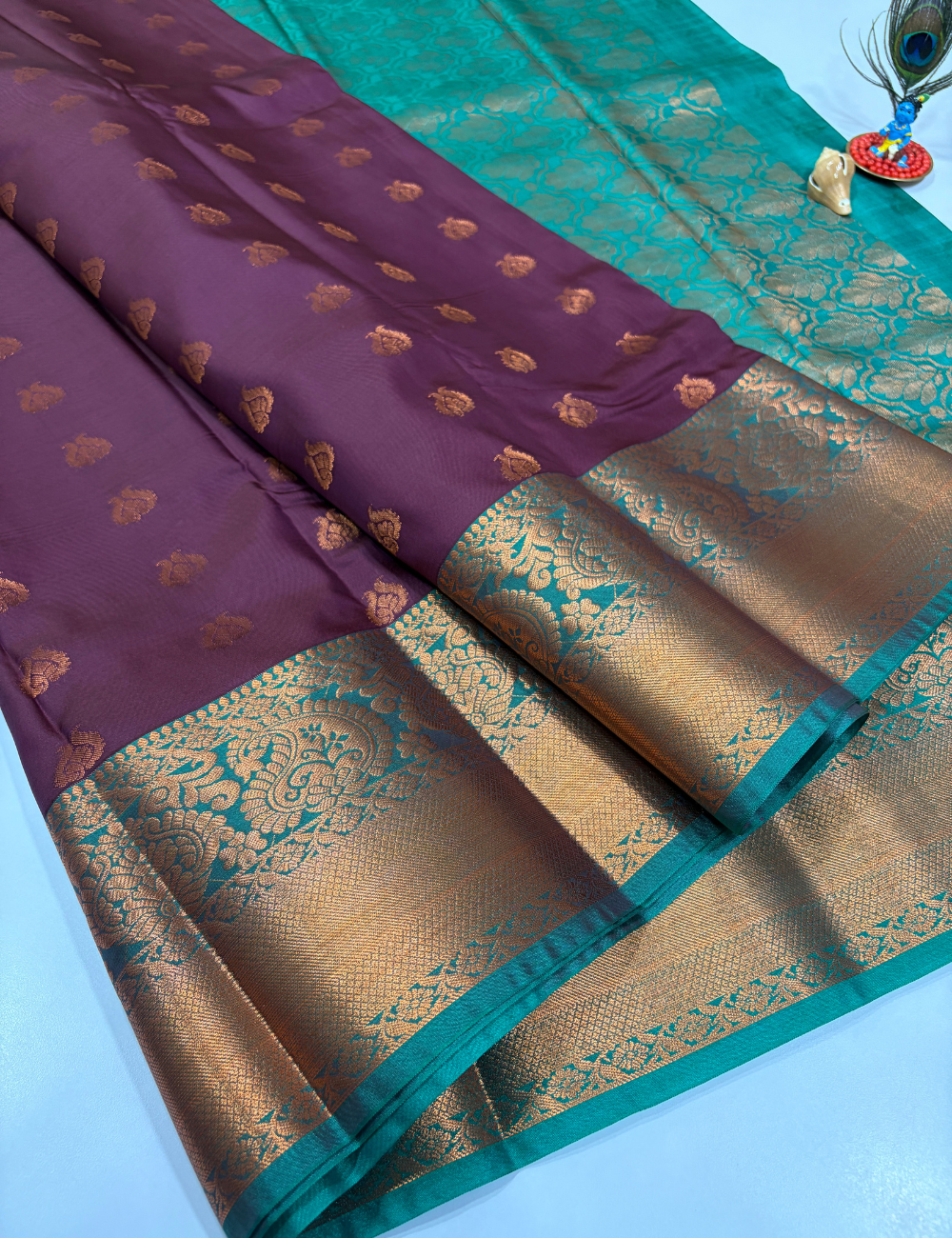 Violet Semi Soft Silk Saree with Rama Green Premium Kanchi Border