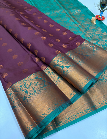Violet Semi Soft Silk Saree with Rama Green Premium Kanchi Border