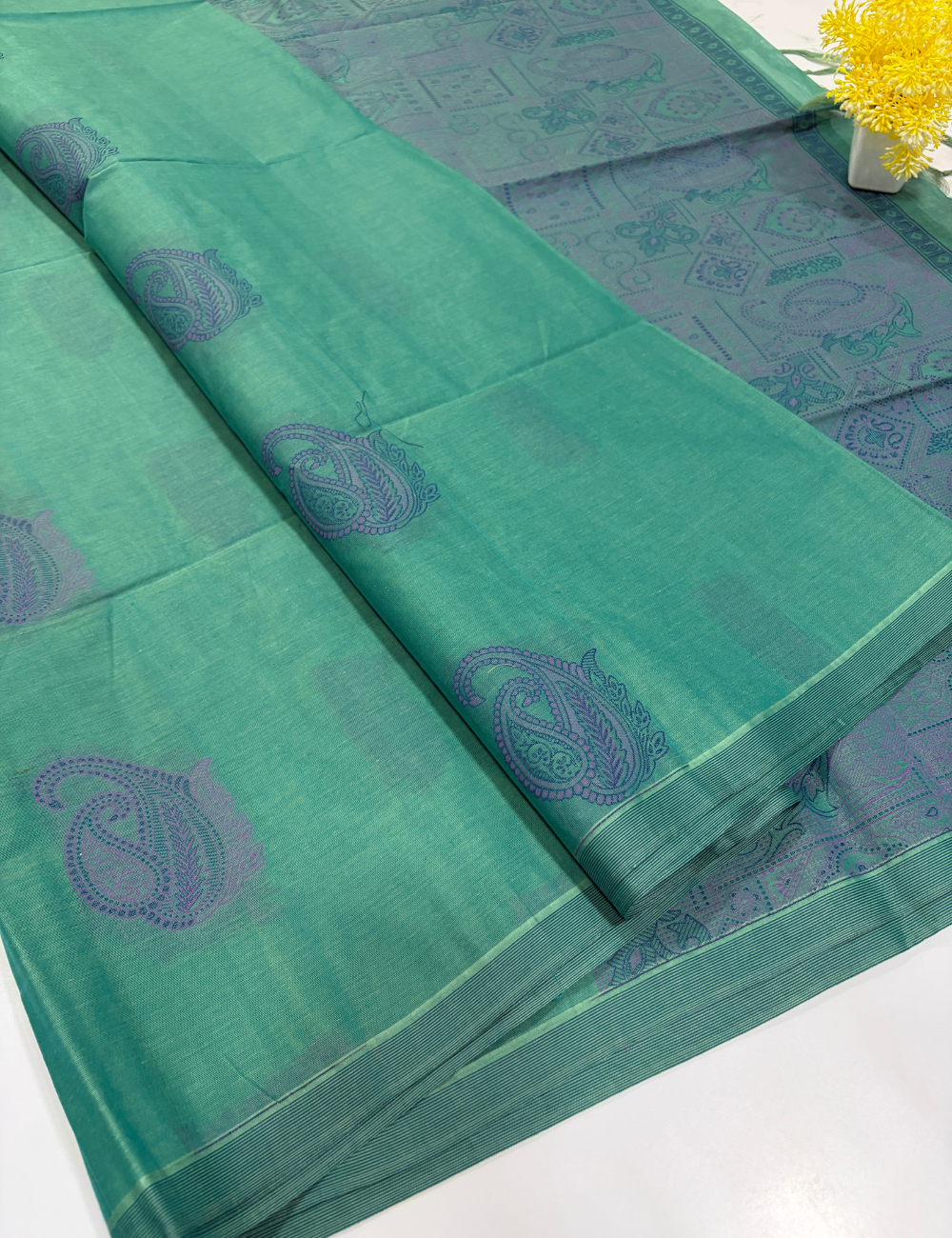 Negamam Pure Cotton Thread Putta Borderless Saree – Mint Green