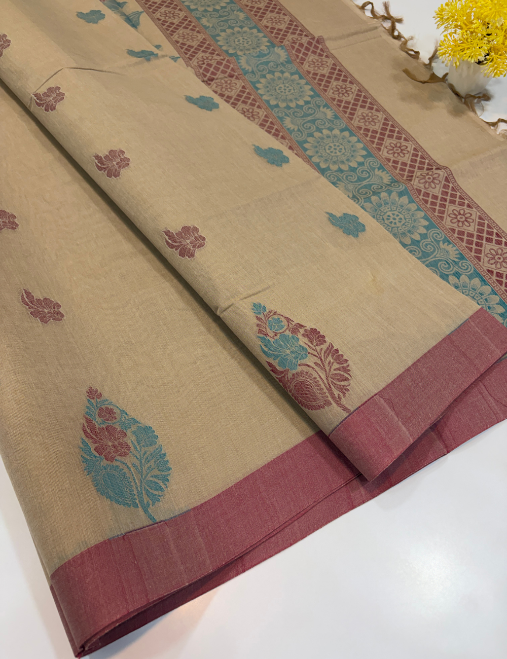 Negamam Pure Cotton Saree – Champagne Beige with Rose Mauve Border