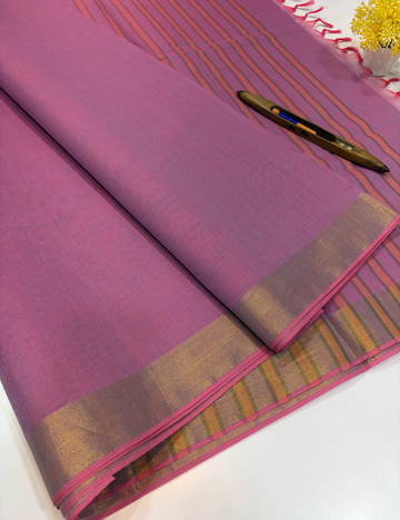 Lavender Negamam Pure Cotton Saree – Plain Body with Self Colour Pallu & Blouse | Golden Jari Tissue Border
