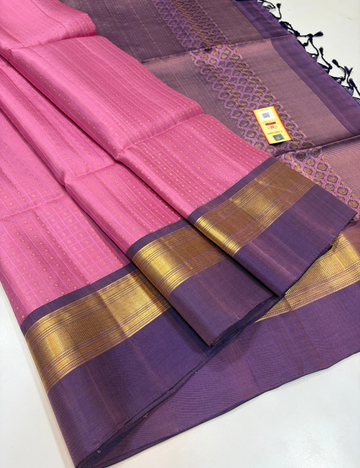 Full Brocade Light Pink Handloom Pure Soft Silk Saree with Purple Contrast Border & Double Kanchi Border | Silk Mark Certified
