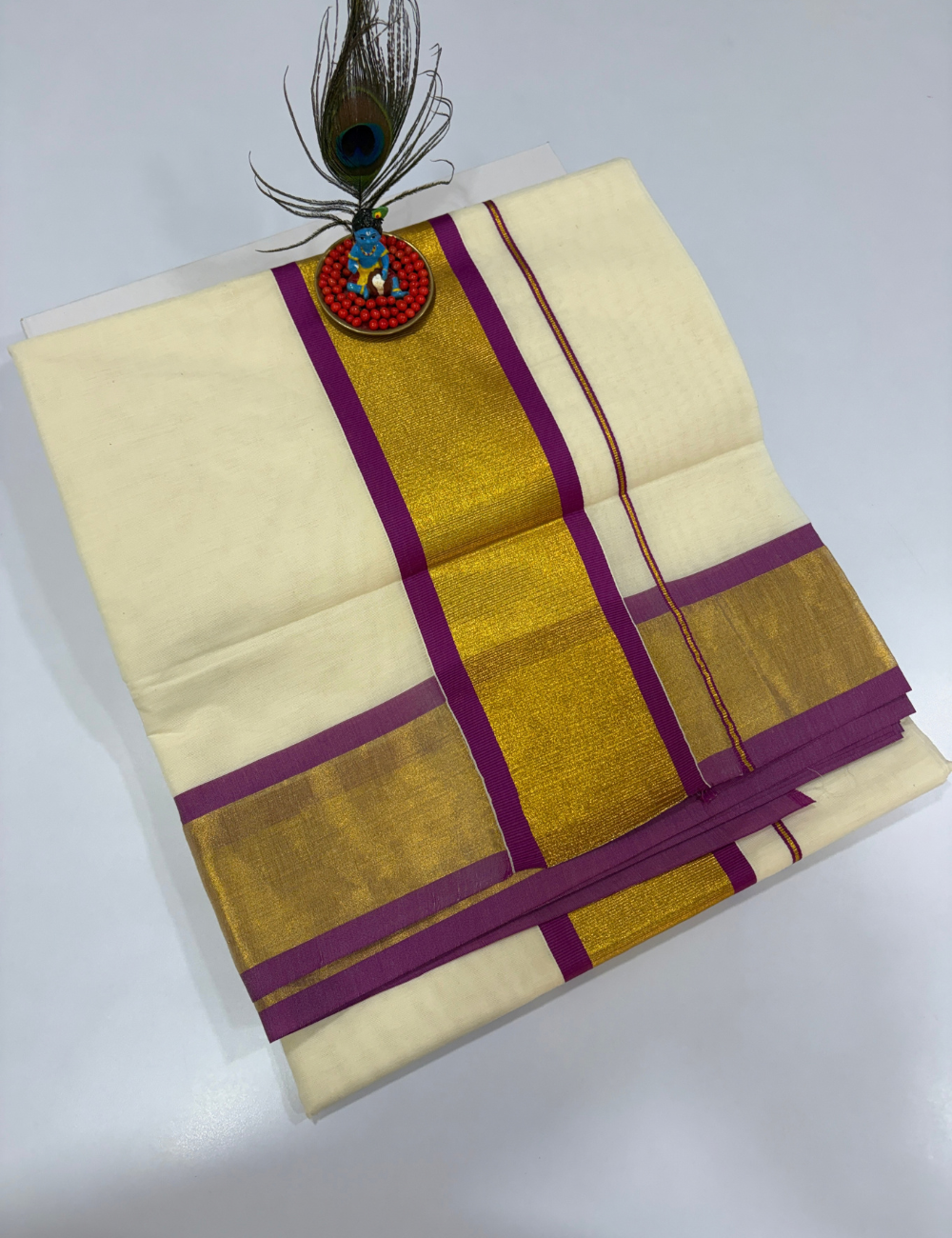 Elegant White Cotton Saree with Contrast Violet Tissue Border