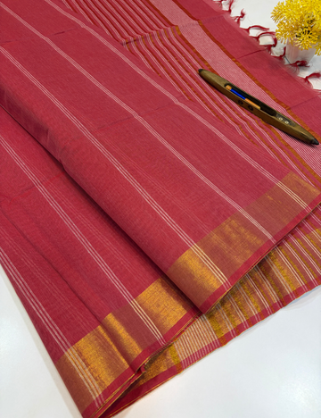 Negamam Pure Cotton Saree in Rose Pink with Stripes Design & Golden Zari Border | Self Colour Pallu & Blouse