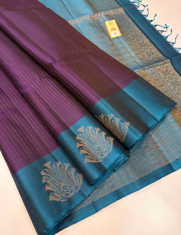 Deep Purple Pure Soft Silk Saree with Peacock Blue Contrast Border | Elegant Festive Wear Saree