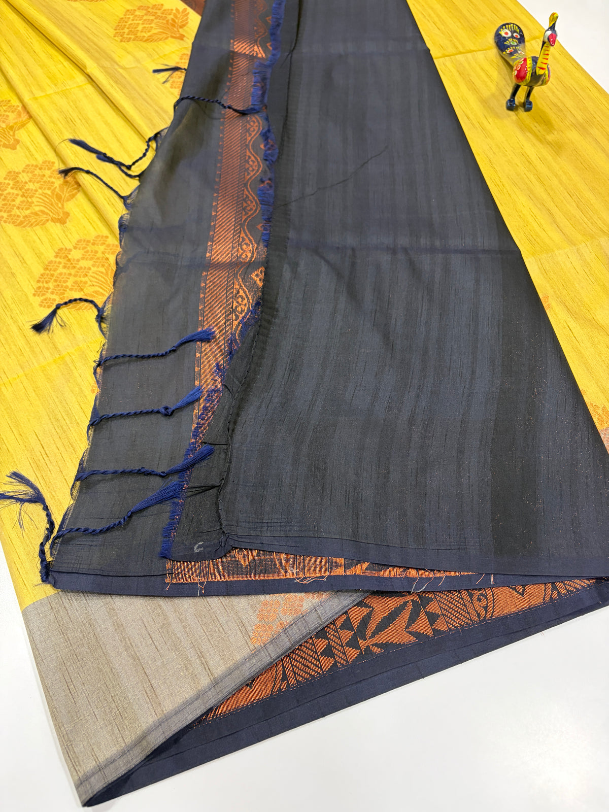 Mustard Yellow with Grey-Taupe Border and Antique-Gold Zari – Handloom Semi Raw Softsilk Saree