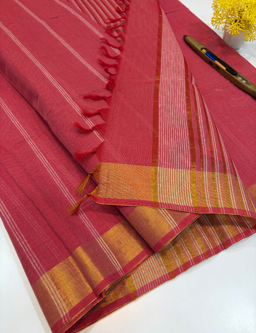 Negamam Pure Cotton Saree in Rose Pink with Stripes Design & Golden Zari Border | Self Colour Pallu & Blouse