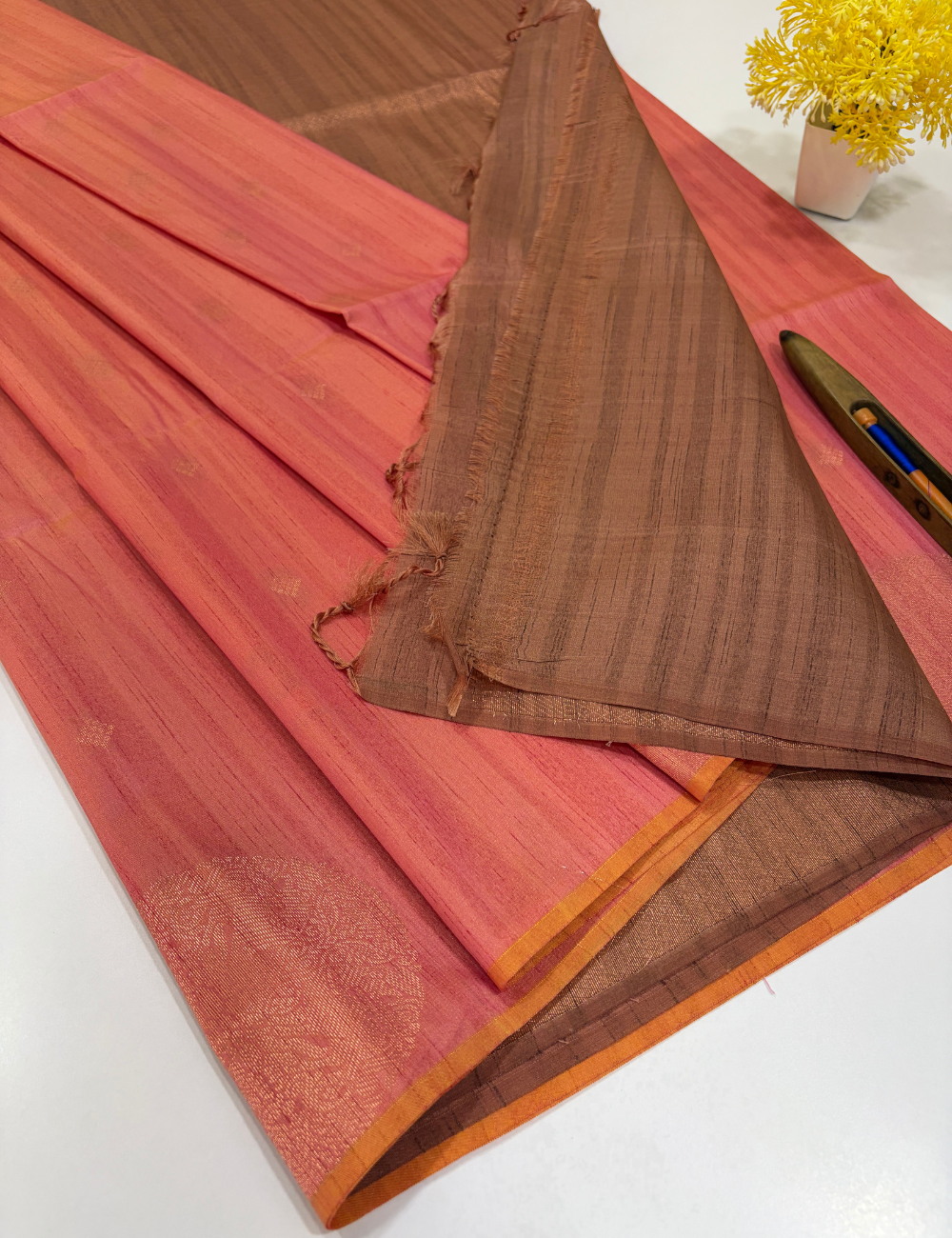 Aurelia Soft Silk Saree – Coral Rose with Cocoa Brown
