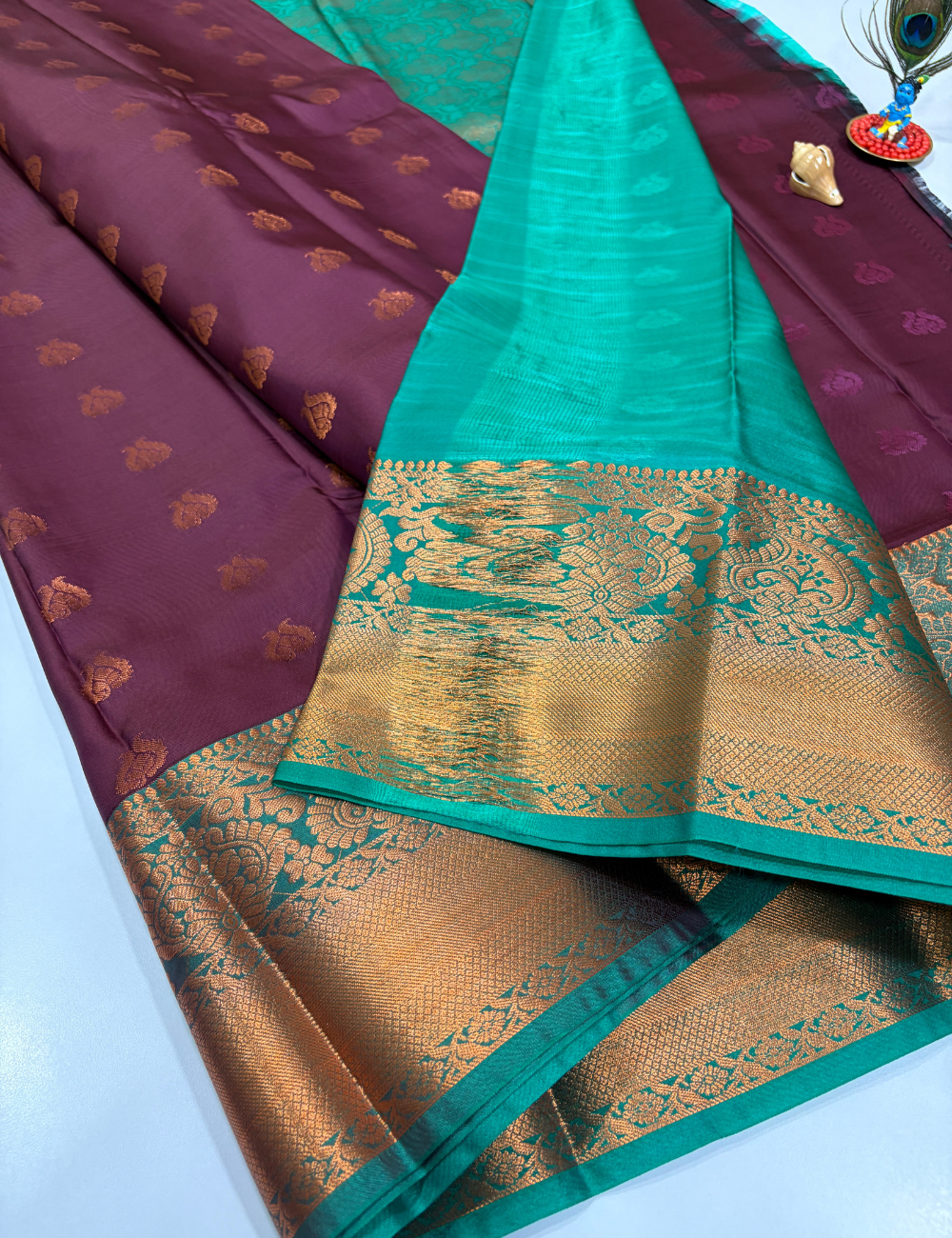 Violet Semi Soft Silk Saree with Rama Green Premium Kanchi Border