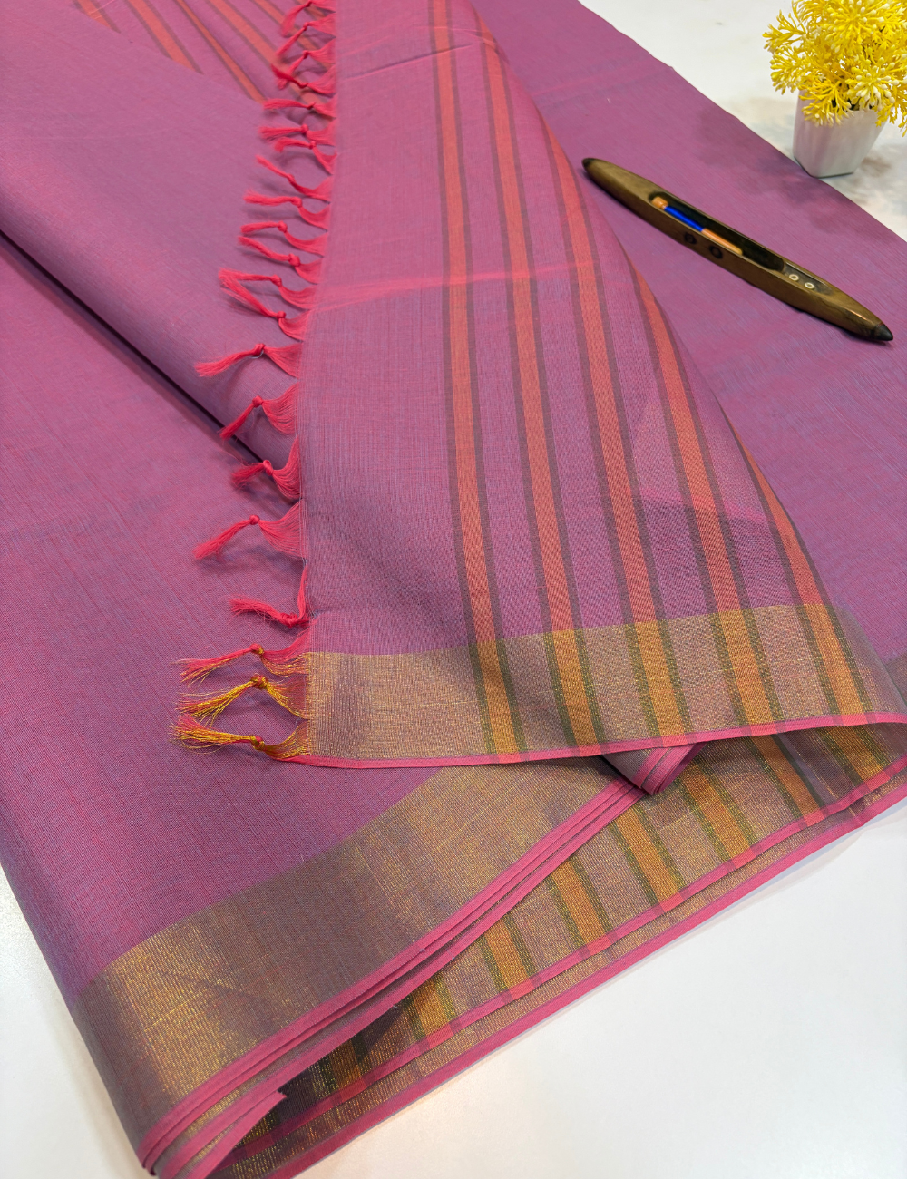 Lavender Negamam Pure Cotton Saree – Plain Body with Self Colour Pallu & Blouse | Golden Jari Tissue Border
