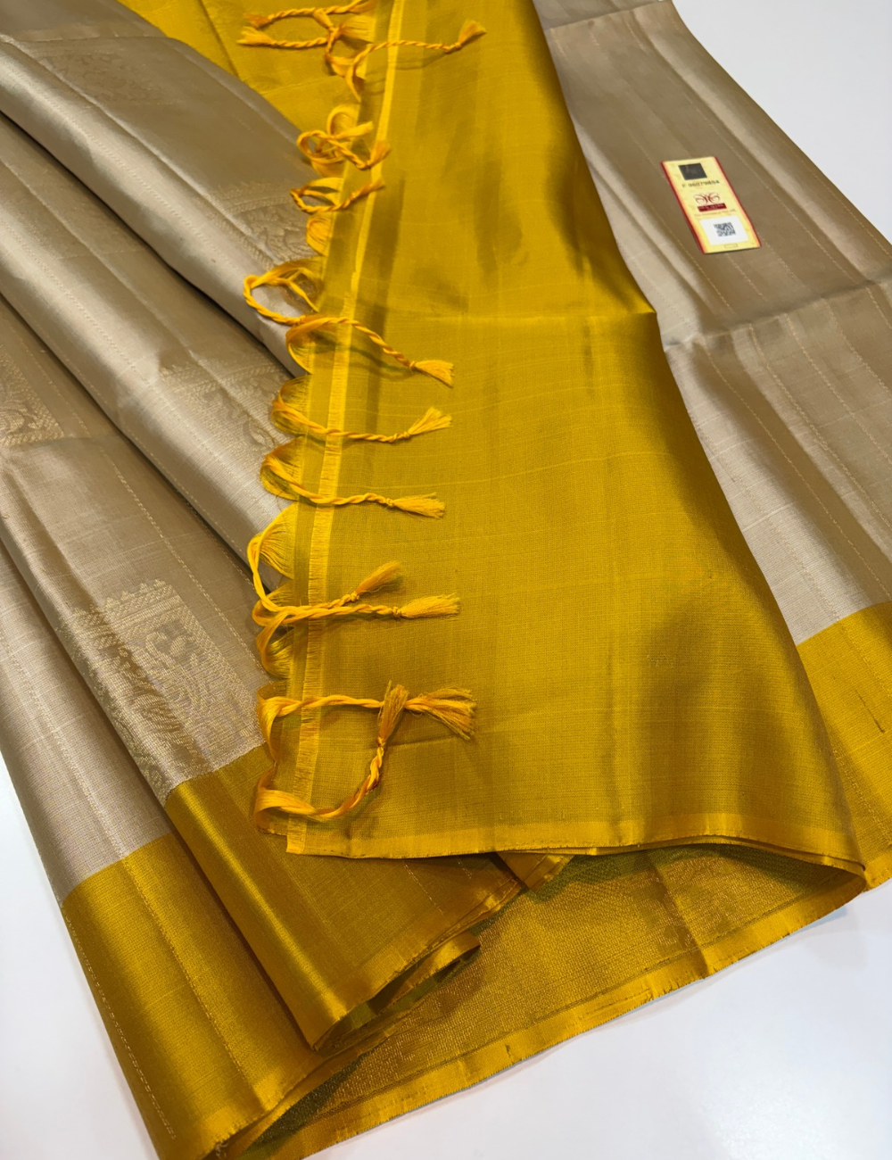 Handloom Pure Soft Silk Saree with Vaira Oosi Weaves and Peacock Motif – Sandal & Mustard Yellow