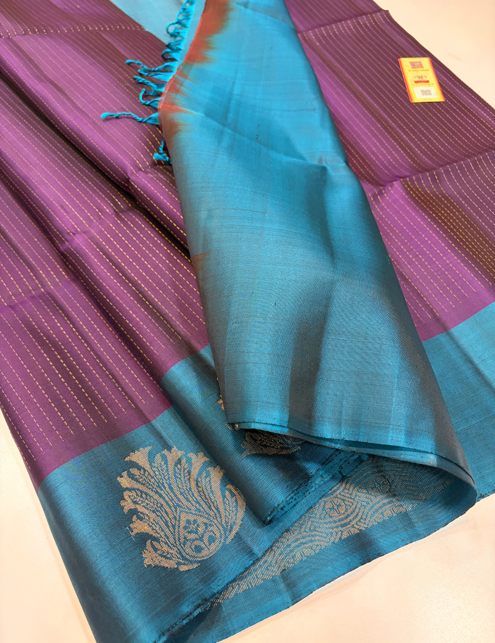 Deep Purple Pure Soft Silk Saree with Peacock Blue Contrast Border | Elegant Festive Wear Saree