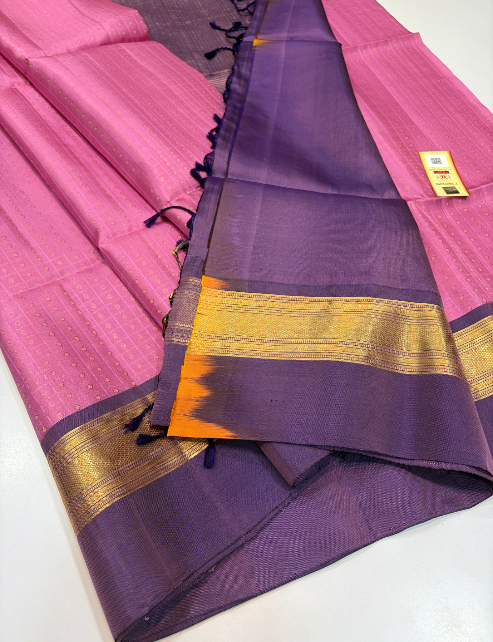 Full Brocade Light Pink Handloom Pure Soft Silk Saree with Purple Contrast Border & Double Kanchi Border | Silk Mark Certified