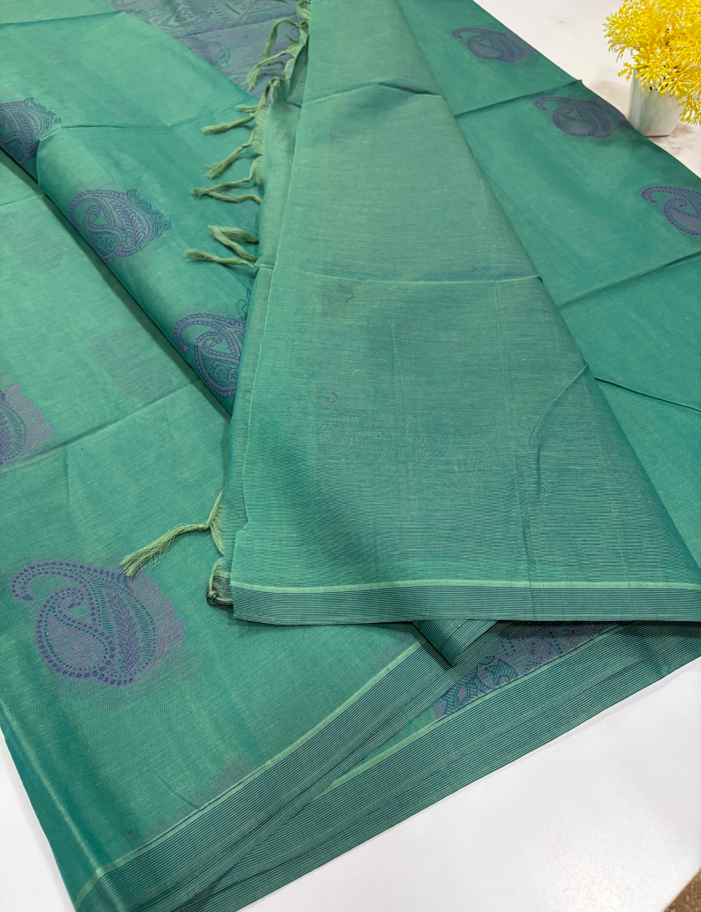 Negamam Pure Cotton Thread Putta Borderless Saree – Mint Green