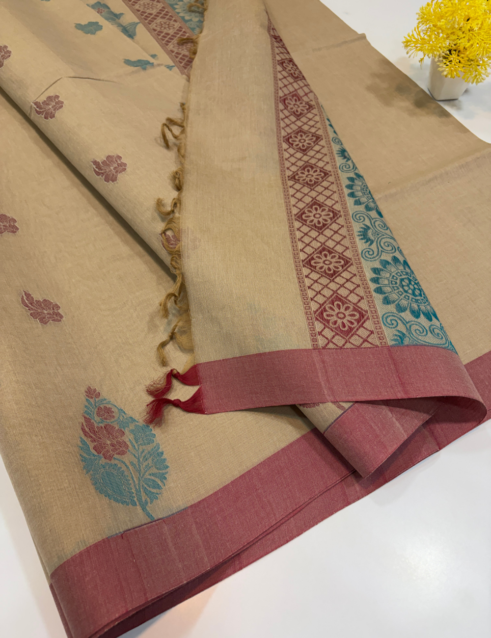 Negamam Pure Cotton Saree – Champagne Beige with Rose Mauve Border