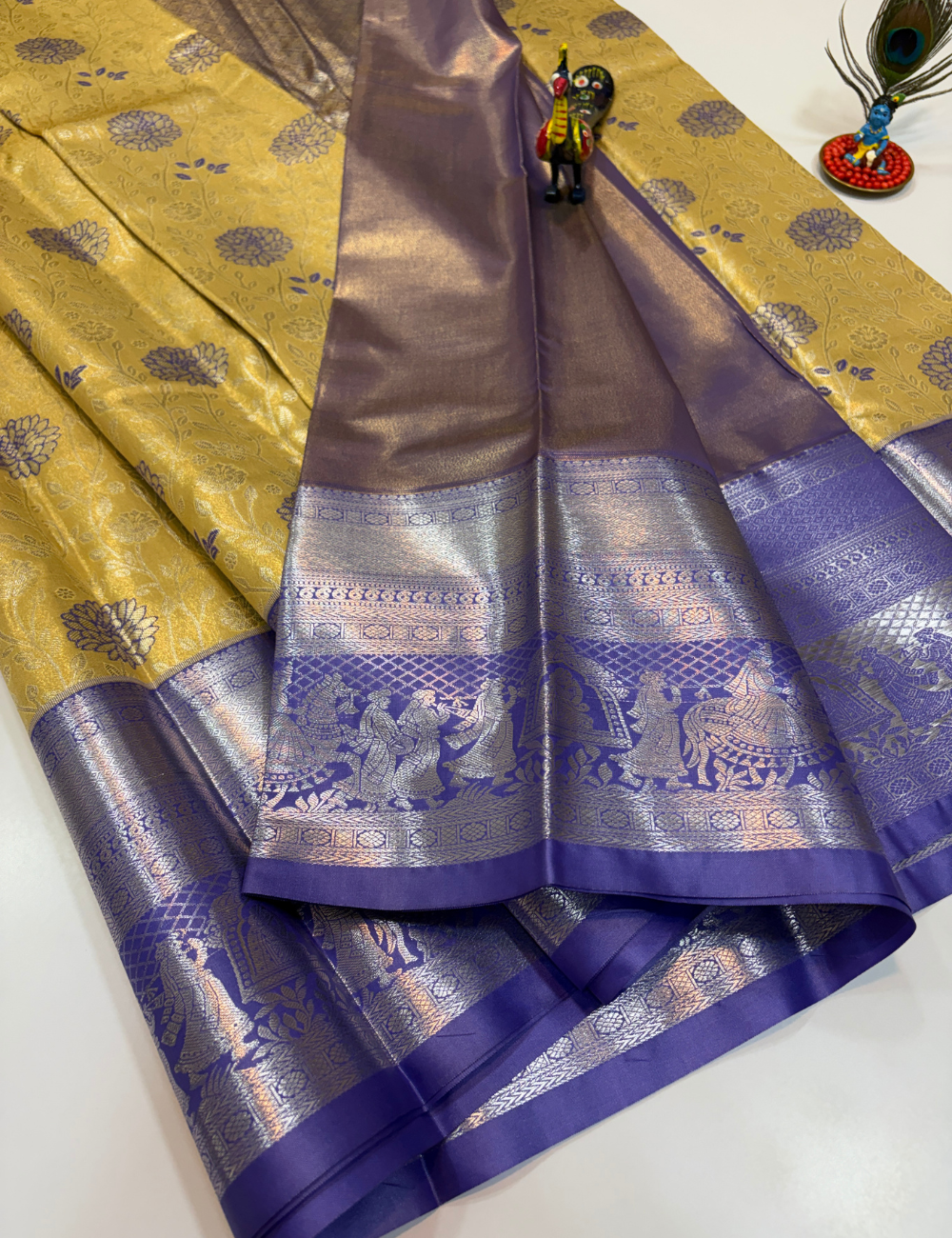 Lemon Green with Blue Korvai Contrast Tissue Semi Bridal Silk Saree | Full Brocade Weaving | Aadithya Handlooms