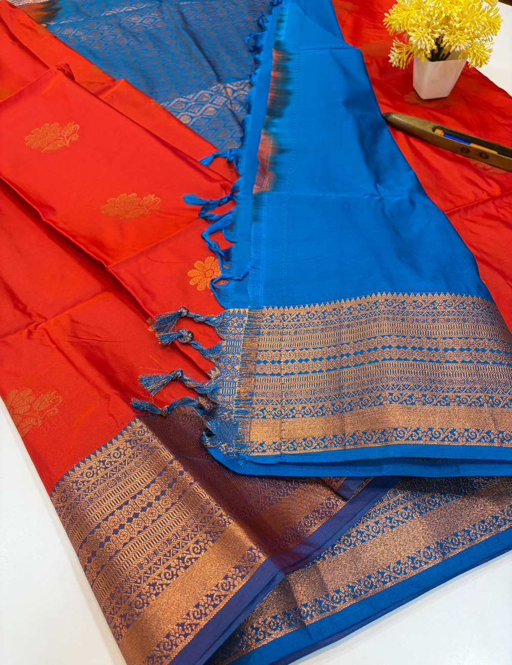 Handloom Bright Orange Semi Soft Silk Saree with Kanchi Border | Anantha Blue Pallu & Blouse