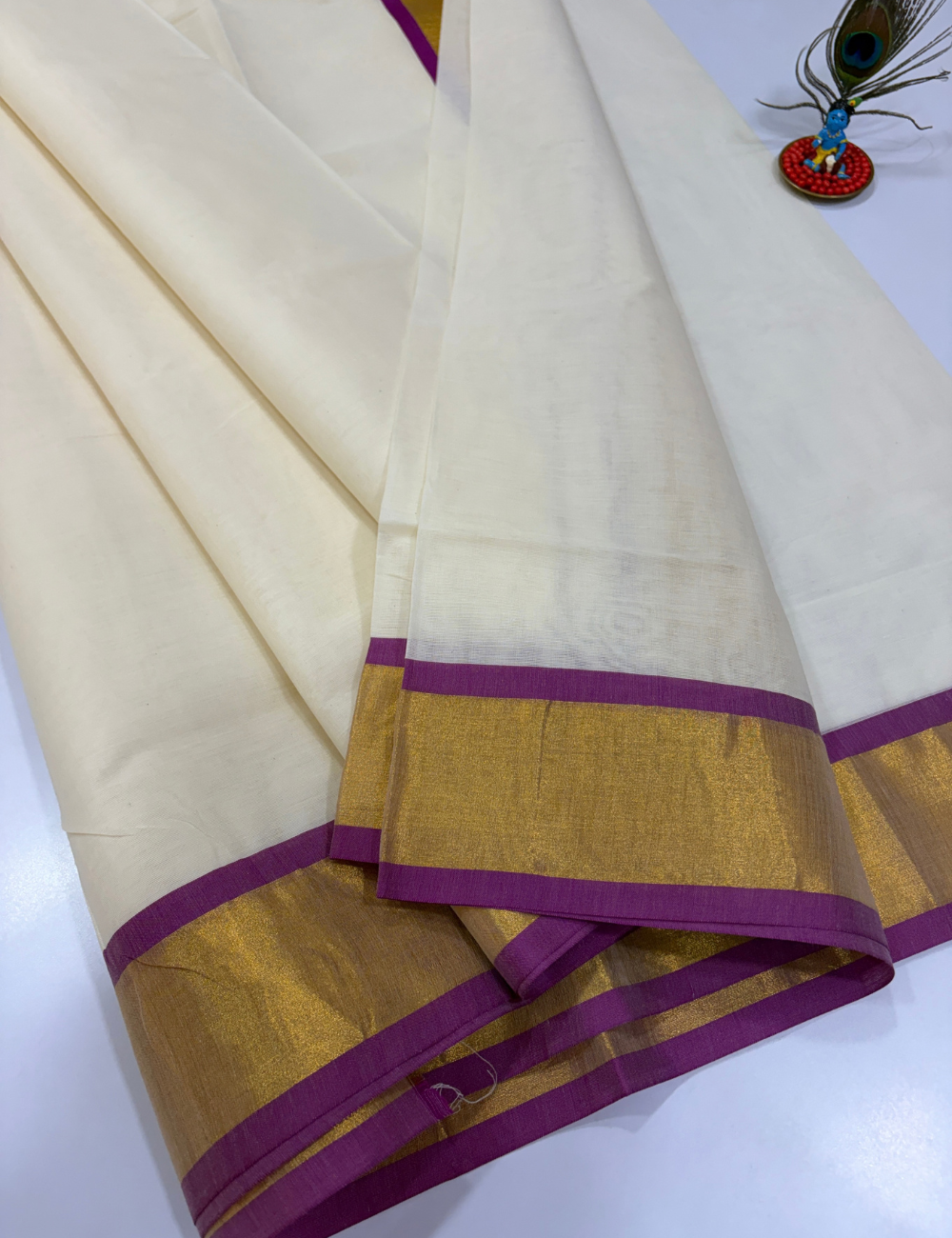 Elegant White Cotton Saree with Contrast Violet Tissue Border