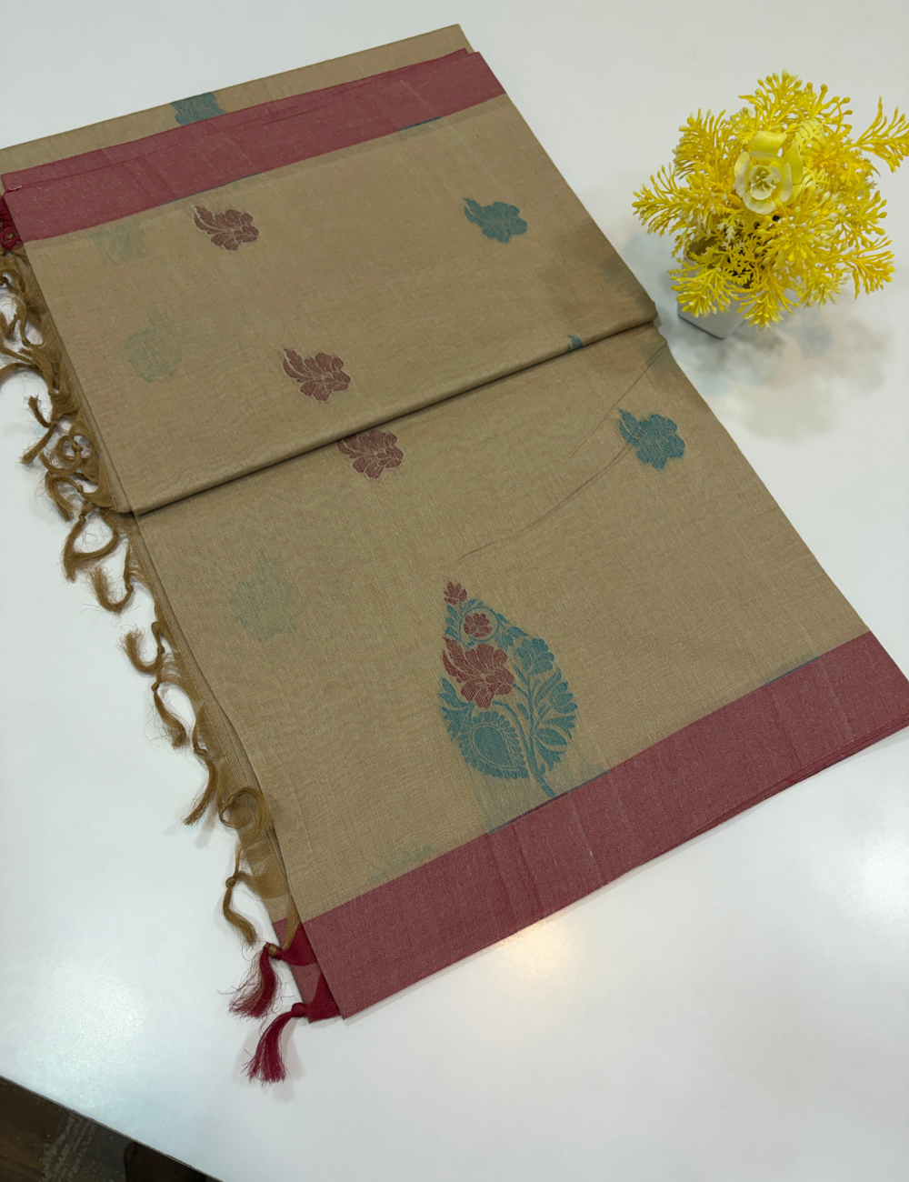 Negamam Pure Cotton Saree – Champagne Beige with Rose Mauve Border
