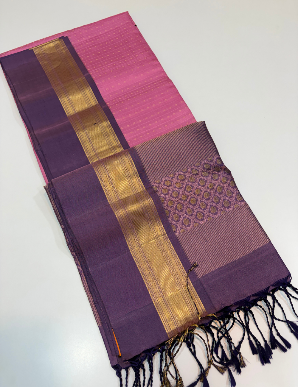 Full Brocade Light Pink Handloom Pure Soft Silk Saree with Purple Contrast Border & Double Kanchi Border | Silk Mark Certified