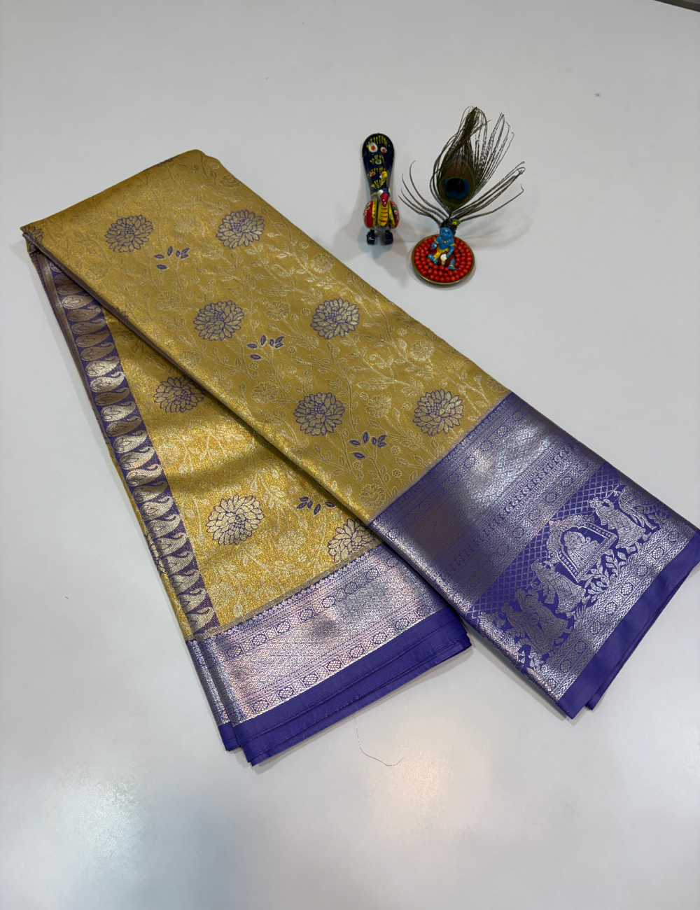 Lemon Green with Blue Korvai Contrast Tissue Semi Bridal Silk Saree | Full Brocade Weaving | Aadithya Handlooms