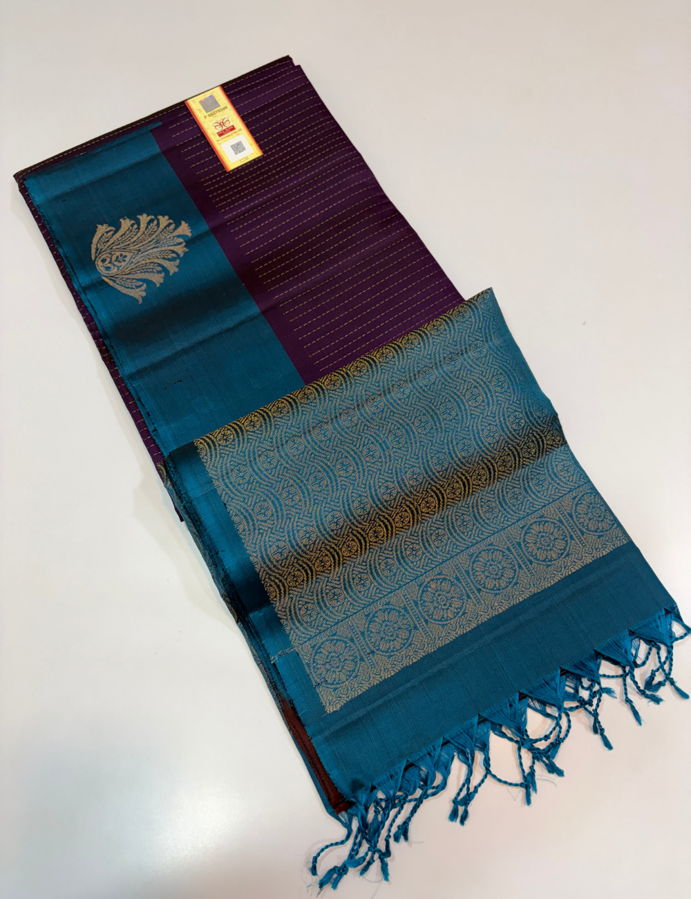 Deep Purple Pure Soft Silk Saree with Peacock Blue Contrast Border | Elegant Festive Wear Saree