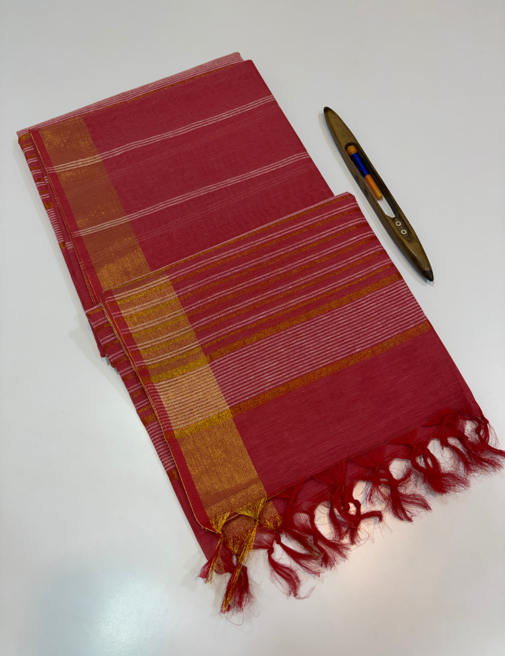 Negamam Pure Cotton Saree in Rose Pink with Stripes Design & Golden Zari Border | Self Colour Pallu & Blouse
