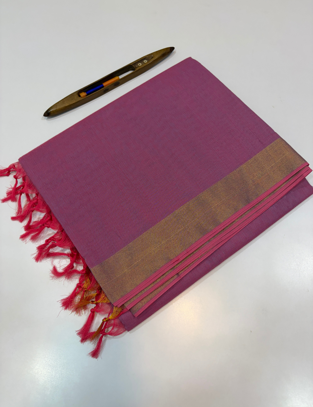 Lavender Negamam Pure Cotton Saree – Plain Body with Self Colour Pallu & Blouse | Golden Jari Tissue Border