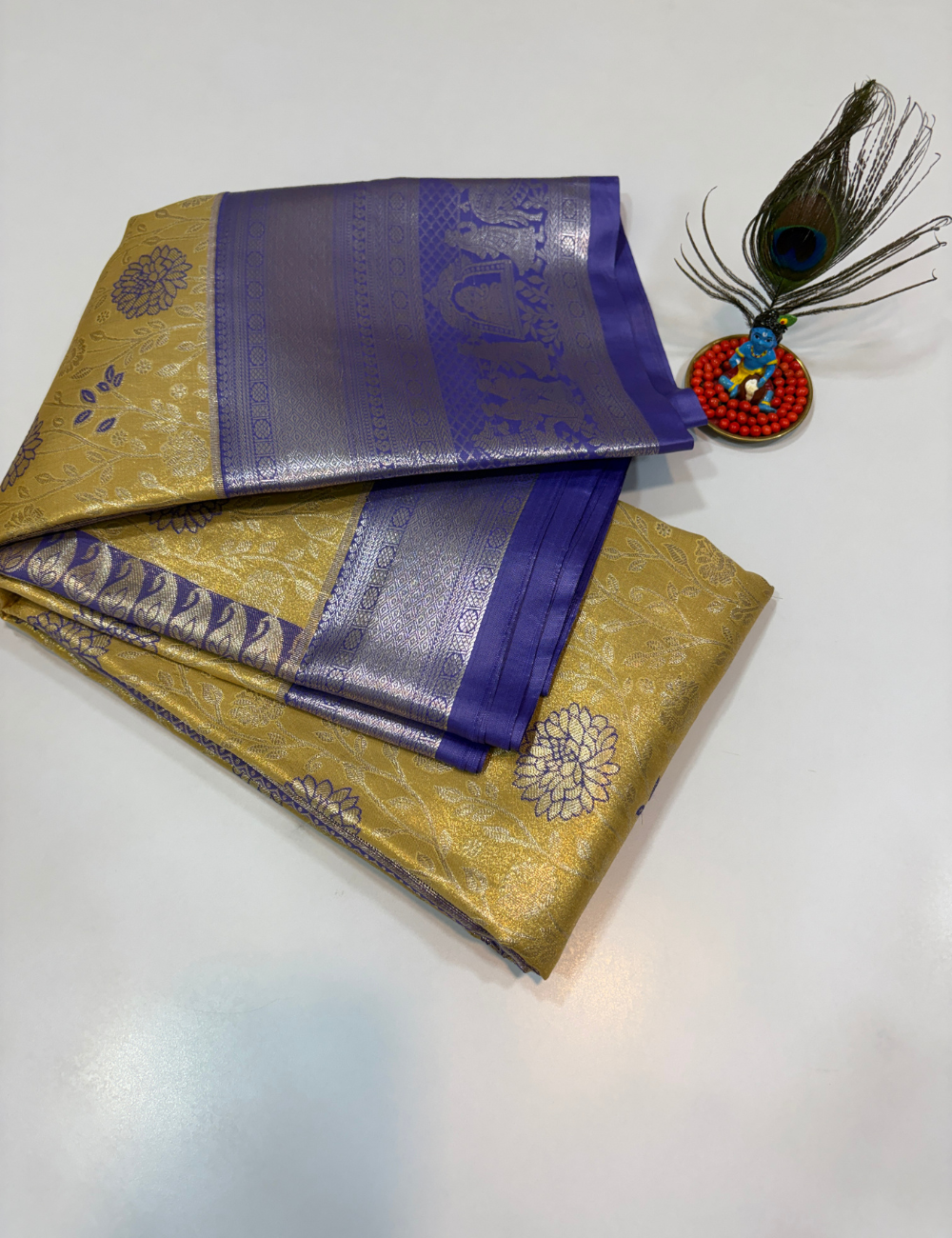 Lemon Green with Blue Korvai Contrast Tissue Semi Bridal Silk Saree | Full Brocade Weaving | Aadithya Handlooms