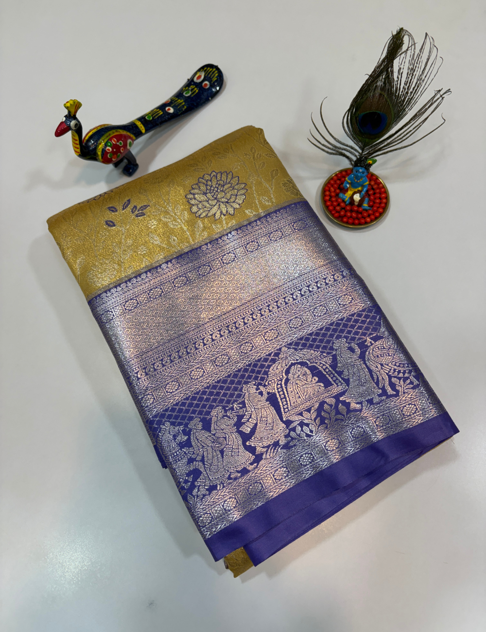 Lemon Green with Blue Korvai Contrast Tissue Semi Bridal Silk Saree | Full Brocade Weaving | Aadithya Handlooms