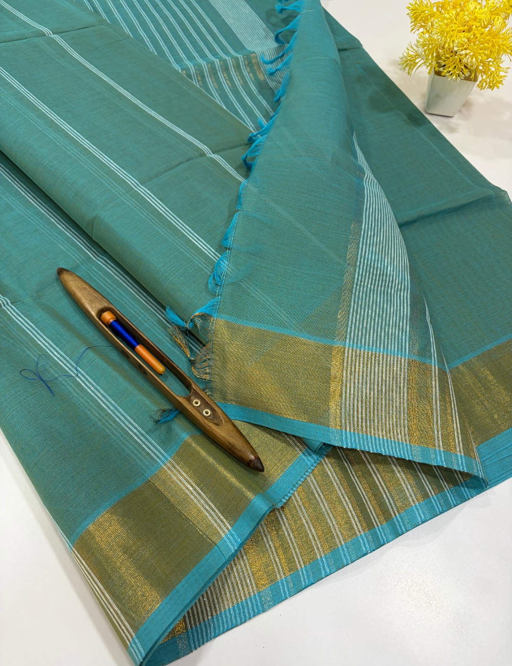 Peacock Teal Pure Cotton Saree with Gold Jari Border