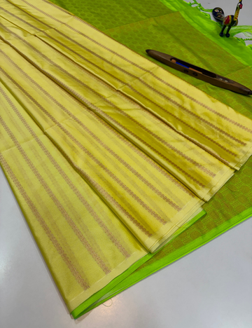 Royal Soft Cotton Handloom Saree – Lemon Yellow with Neon Lime Green Pallu & Blouse