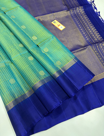 Sea Green Handloom Pure Soft Silk Saree with Raindrop Weaves & Royal Blue Tie and Dye Contrast Border | Silk Mark Certified