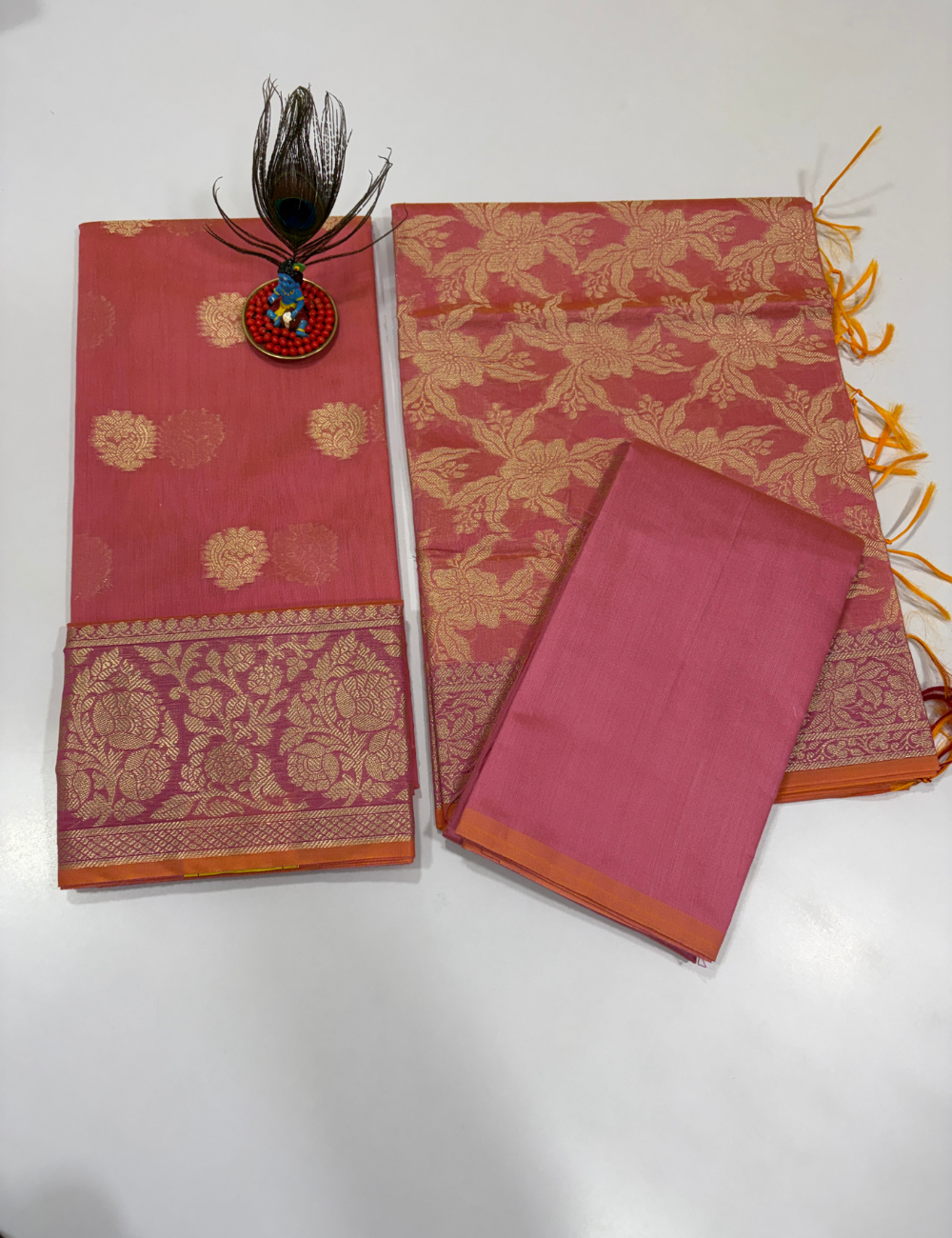 Light Pink Handloom Silk Cotton 3 Pc Salwar Set with Self Weave Floral Jacquard | Soft Elegant Monotone Ethnic Dress Material