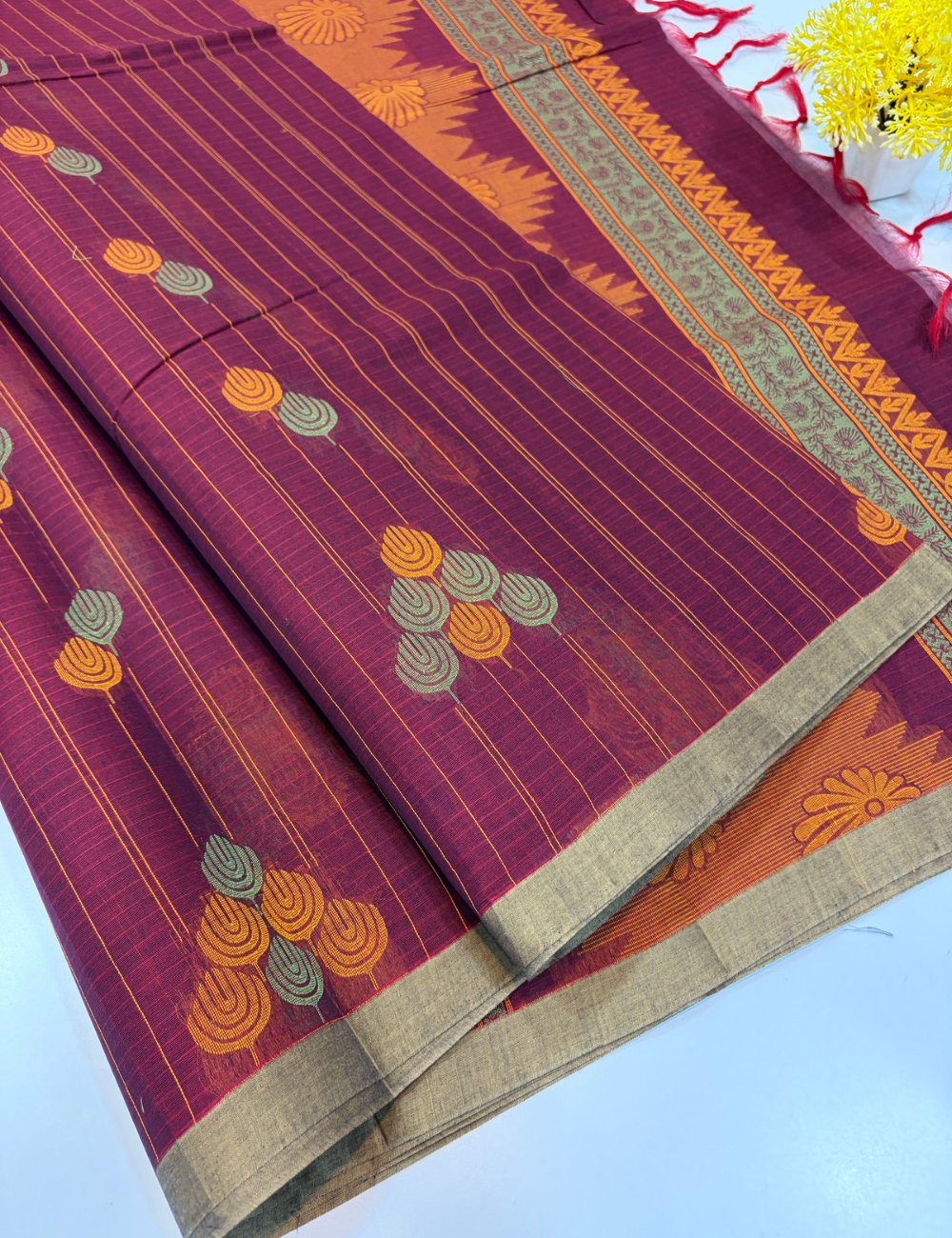 Magenta Purple Negamam Handloom Pure Cotton Saree with Vairaoosi Lines & Thread Putta | 100-Count Cotton