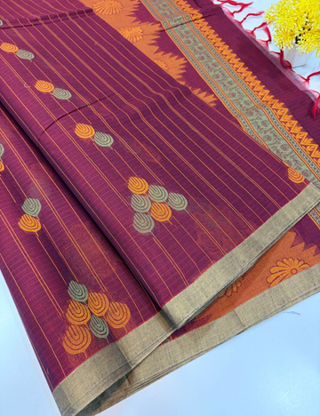 Magenta Purple Negamam Handloom Pure Cotton Saree with Vairaoosi Lines & Thread Putta | 100-Count Cotton