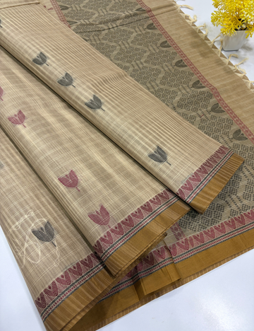 Pure Cotton Pochampally Beige Thread Putta Saree