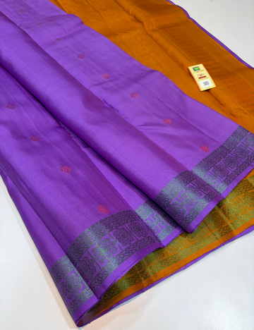Violet Handloom Pure Soft Silk Saree with Silk Mark |  Kanchi Border with Zari Buttas  Product Description: