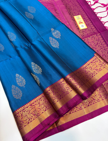 Dual Tone Peacock Blue & Berry Pink Kanchi Border Handloom Pure Softsilk Saree